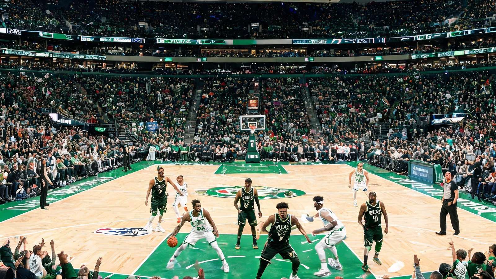 2025赛季NBA东部联盟凯尔特人与雄鹿在球馆内激烈比赛场景，观众席爆满