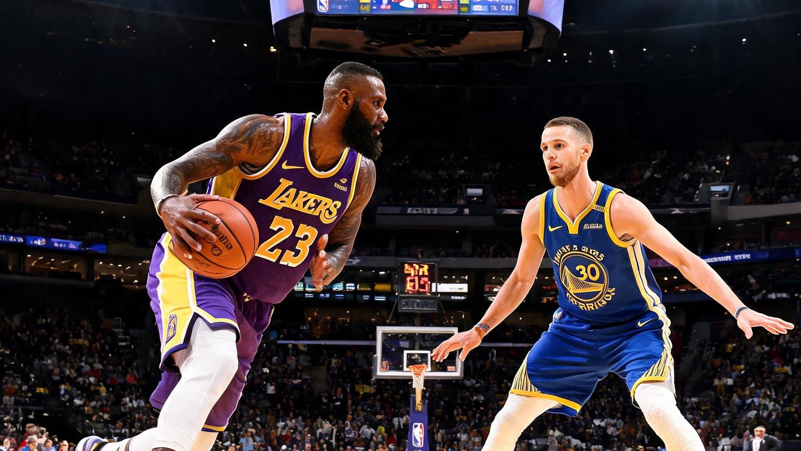 NBA西部焦点战湖人队与勇士队在斯台普斯中心激烈对抗，詹姆斯与库里同场竞技