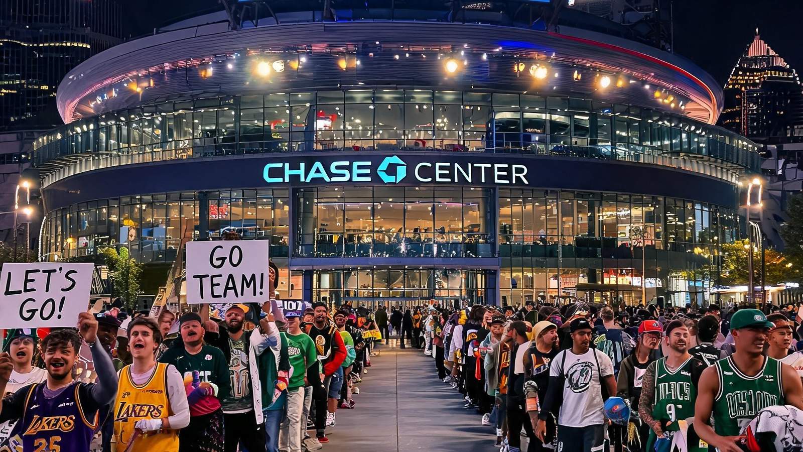 NBA季后赛门票热销中，球馆外球迷排队入场，气氛热烈，灯光璀璨