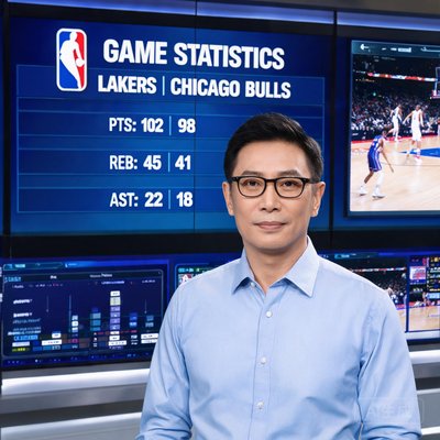 数据分析师陈锐，戴眼镜，身后是NBA数据大屏