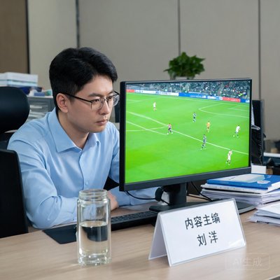内容主编刘洋，正在看电脑上的比赛录像