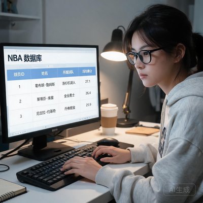 全栈工程师赵雪，在写代码，屏幕显示NBA数据库